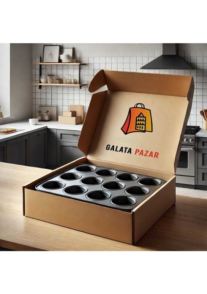 12'li siyah muffin ve cupcake kalıbı, şık ve dayanıklı metal mutfak gereci