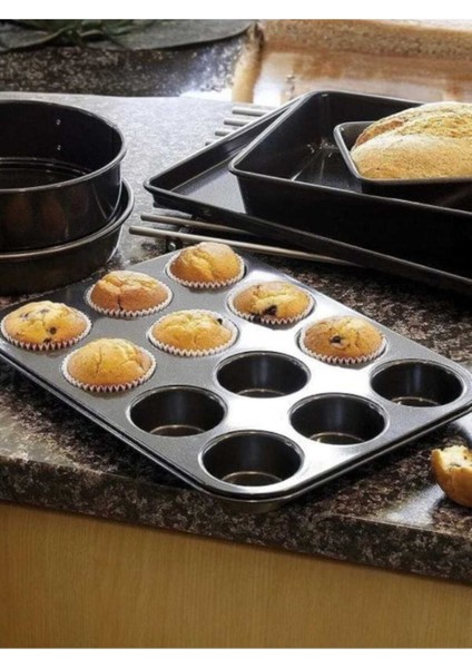 12'li siyah muffin ve cupcake kalıbı, şık ve dayanıklı metal mutfak gereci fiyatları