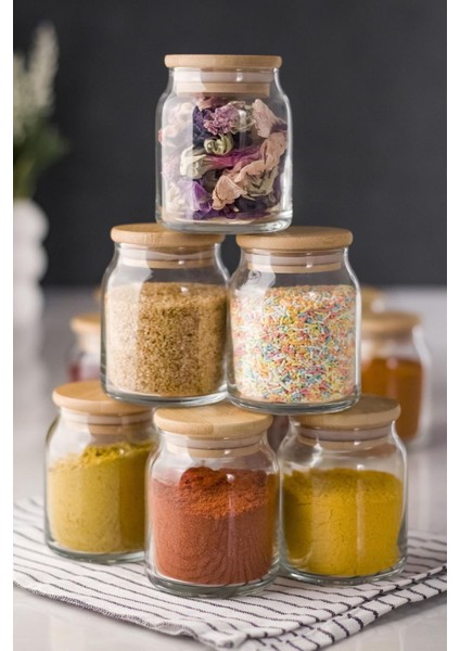6 Lı Set Bambu Kapaklı Cam Kavanoz & Baharat Takımı & Baharatlık 200 ml