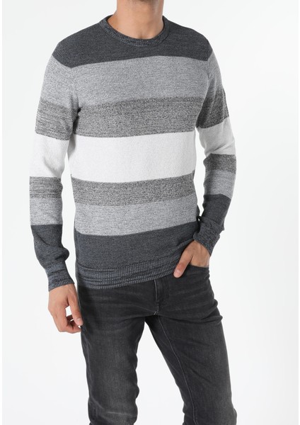 Slim Fit Yuvarlak Yaka Erkek Gri Kazak