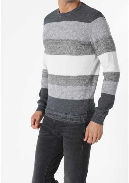 Slim Fit Yuvarlak Yaka Erkek Gri Kazak