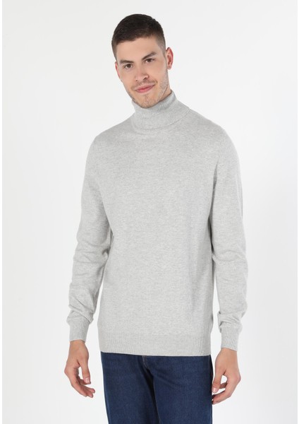Slim Fit Balıkçı Yaka Jakarlı Erkek Taş Kazak