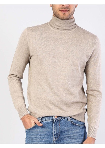 Slim Fit Balıkçı Yaka Jakarlı Erkek Gri Kazak