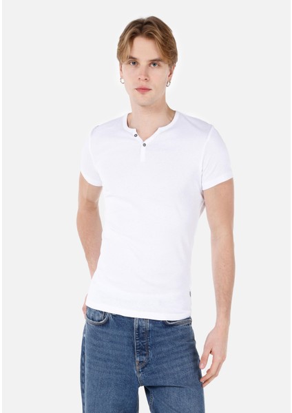 Slim Fit Placket Neck Düz Erkek Beyaz Kısa Kol Tişört