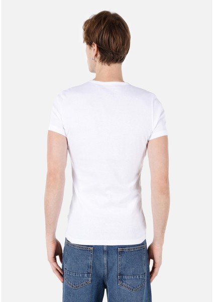 Slim Fit Placket Neck Düz Erkek Beyaz Kısa Kol Tişört