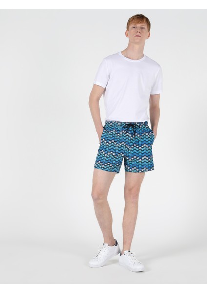 Slim Fit Orta Bel Erkek Mavi Deniz Şortu