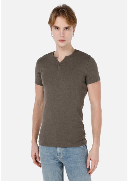 Slim Fit Placket Neck Düz Erkek Yeşil Kısa Kol Tişört
