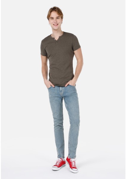 Slim Fit Placket Neck Düz Erkek Yeşil Kısa Kol Tişört