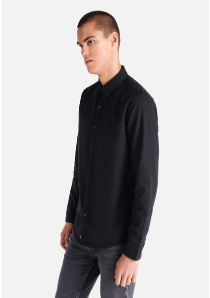 Slim Fit Shirt Neck Düz Erkek Siyah Uzun Kol Gömlek