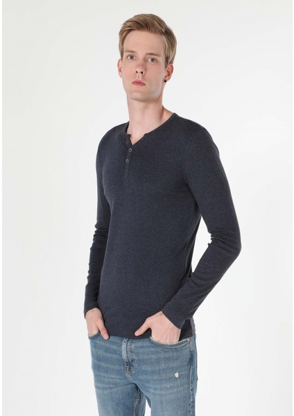 Slim Fit Placket Neck Düz Erkek Lacivert Uzun Kol Tişört