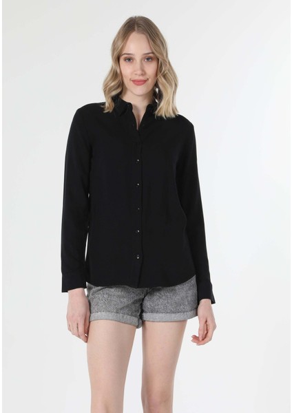Regular Fit Shirt Neck Düz Kadın Siyah Uzun Kol Gömlek