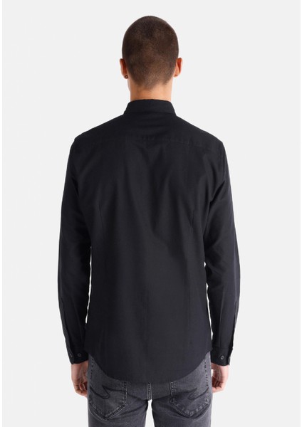 Slim Fit Shirt Neck Düz Erkek Siyah Uzun Kol Gömlek