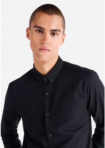 Slim Fit Shirt Neck Düz Erkek Siyah Uzun Kol Gömlek