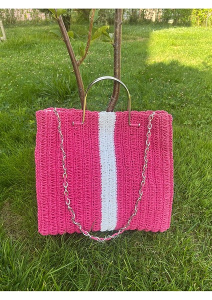 Çizgili El Örgüsü Metal Saplı, Kağıt Ip, Kadın, Günlük, Zincir Saplı, Plaj , Tatil Çantası