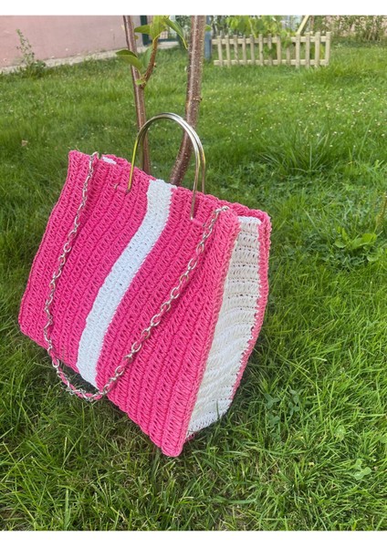 Çizgili El Örgüsü Metal Saplı, Kağıt Ip, Kadın, Günlük, Zincir Saplı, Plaj , Tatil Çantası fiyatları