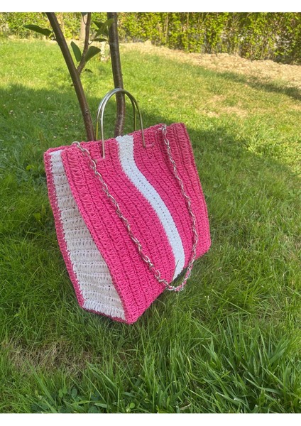 Çizgili El Örgüsü Metal Saplı, Kağıt Ip, Kadın, Günlük, Zincir Saplı, Plaj , Tatil Çantası modelleri