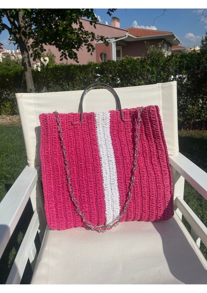 Çizgili El Örgüsü Metal Saplı, Kağıt Ip, Kadın, Günlük, Zincir Saplı, Plaj , Tatil Çantası indirimleri