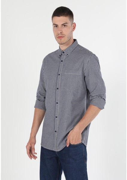 Regular Fit Shirt Neck Kareli Erkek Lacivert Uzun Kol Gömlek