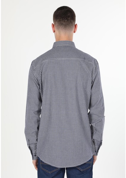 Regular Fit Shirt Neck Kareli Erkek Lacivert Uzun Kol Gömlek fiyatları