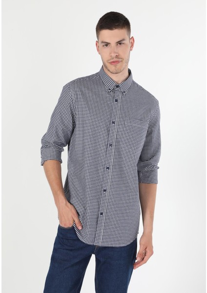 Regular Fit Shirt Neck Kareli Erkek Lacivert Uzun Kol Gömlek modelleri