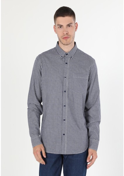 Regular Fit Shirt Neck Kareli Erkek Lacivert Uzun Kol Gömlek fırsatları