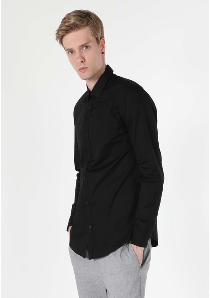 Süper Slim Fit Shirt Neck Düz Erkek Siyah Uzun Kol Gömlek