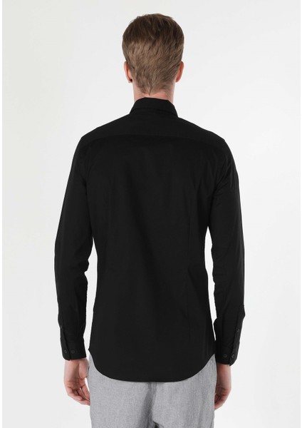Süper Slim Fit Shirt Neck Düz Erkek Siyah Uzun Kol Gömlek