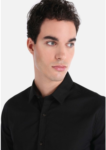 Süper Slim Fit Shirt Neck Düz Erkek Siyah Uzun Kol Gömlek