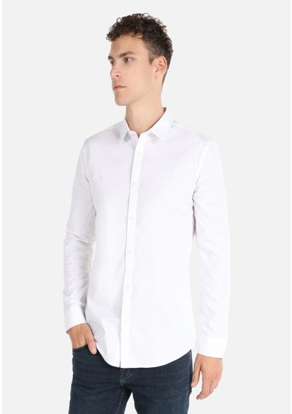 Süper Slim Fit Shirt Neck Düz Erkek Beyaz Uzun Kol Gömlek
