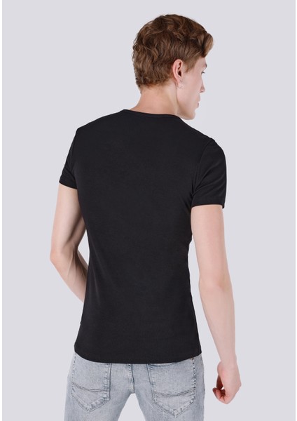 Slim Fit Placket Neck Düz Erkek Siyah Kısa Kol Tişört