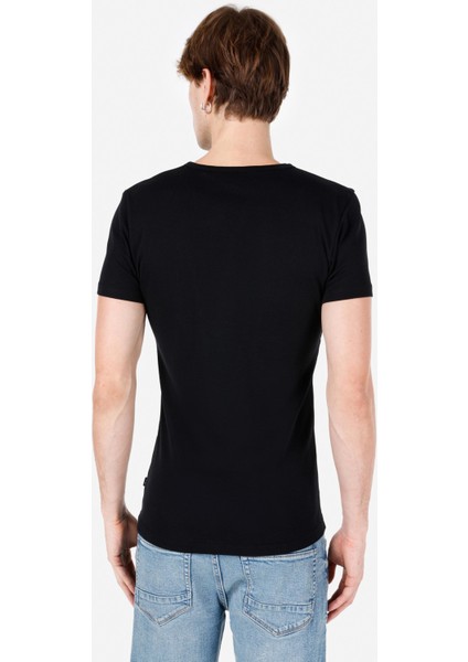 Slim Fit Placket Neck Düz Erkek Siyah Kısa Kol Tişört