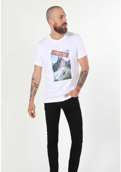 Regular Fit Bisiklet Yaka Baskılı Örme Beyaz Erkek Kısa Kol Tişört modelleri