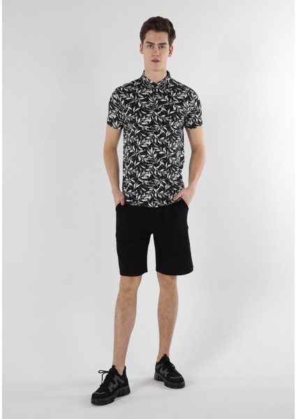 Slim Fit Polo Yaka Baskılı Erkek Siyah Kısa Kol Tişört