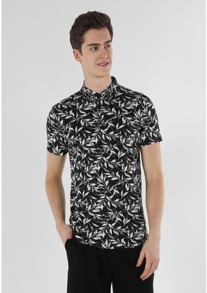 Slim Fit Polo Yaka Baskılı Erkek Siyah Kısa Kol Tişört modelleri
