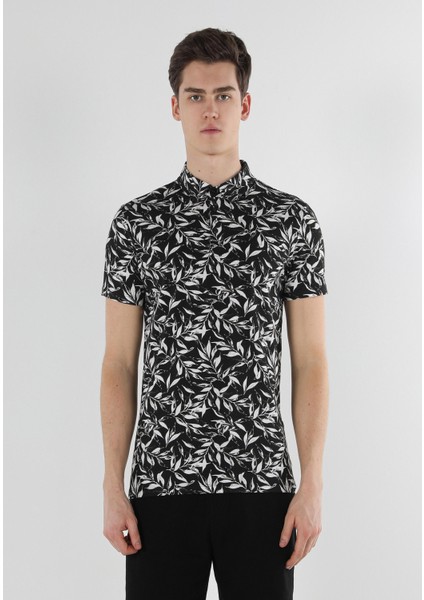 Slim Fit Polo Yaka Baskılı Erkek Siyah Kısa Kol Tişört fırsatları