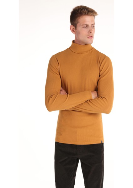 Slim Fit Yarım Balıkçı Yaka Düz Erkek Sari Uzun Kol Tişört