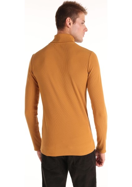 Slim Fit Yarım Balıkçı Yaka Düz Erkek Sari Uzun Kol Tişört