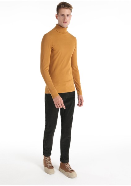Slim Fit Yarım Balıkçı Yaka Düz Erkek Sari Uzun Kol Tişört