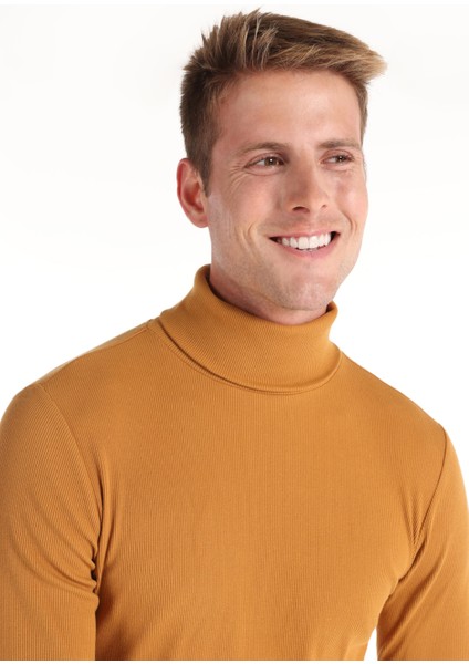 Slim Fit Yarım Balıkçı Yaka Düz Erkek Sari Uzun Kol Tişört
