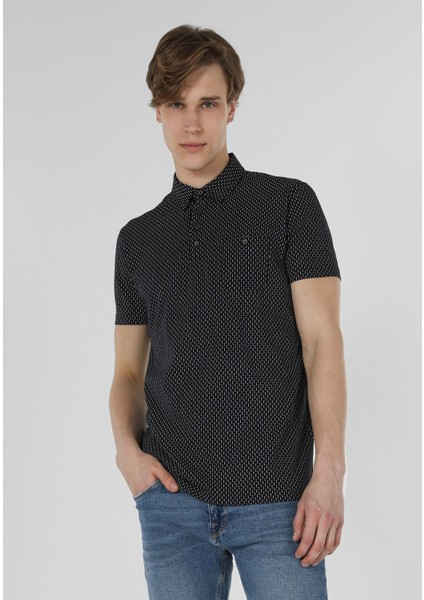 Regular Fit Polo Yaka Baskılı Erkek Lacivert Kısa Kol Tişört