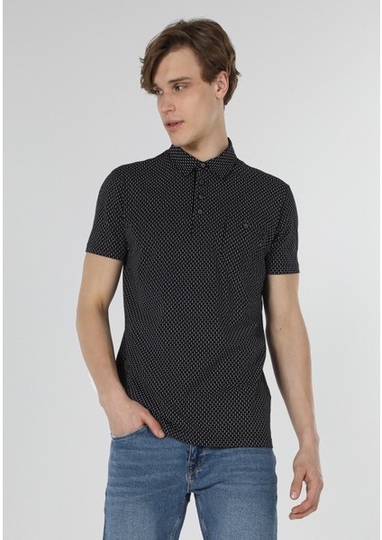 Regular Fit Polo Yaka Baskılı Erkek Lacivert Kısa Kol Tişört