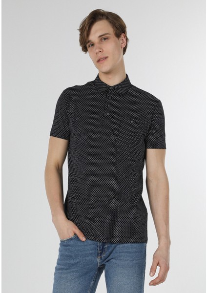 Regular Fit Polo Yaka Baskılı Erkek Lacivert Kısa Kol Tişört