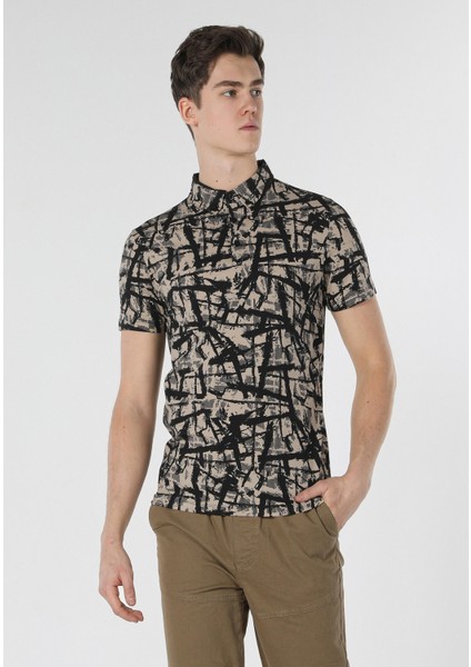 Slim Fit Polo Yaka Baskılı Erkek Bej Kısa Kol Tişört