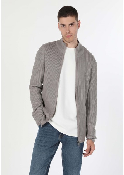Slim Fit Dar Kesim Fermuarlı Gri Erkek Hırka