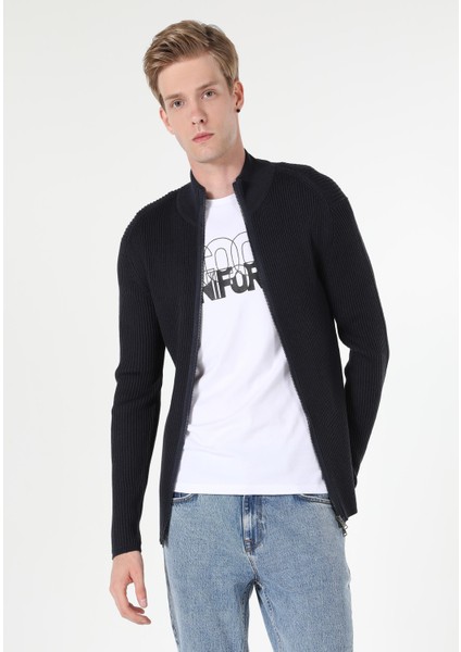 Slim Fit Fermuarlı Mavi Erkek Hırka