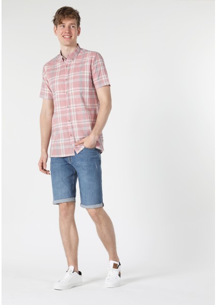 Regular Fit Shirt Neck Erkek Turuncu Kısa Kol Gömlek