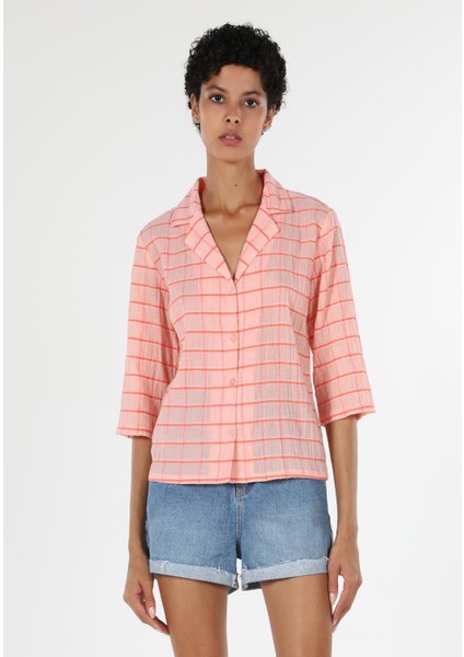 Regular Fit Shirt Neck Kareli Kadın Turuncu Uzun Kol Gömlek
