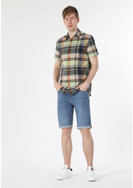 Regular Fit Shirt Neck Ekoseli Erkek Çok Renkli Kısa Kol Gömlek