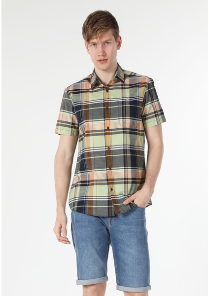 Regular Fit Shirt Neck Ekoseli Erkek Çok Renkli Kısa Kol Gömlek