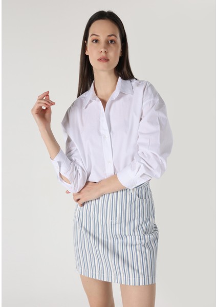 Relaxed Fit Shirt Neck Düz Kadın Beyaz Uzun Kol Gömlek